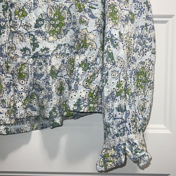 𝅺SEVEN for All Mankind blue floral print Peplum Blouse size Medium - Picture 5 of 16